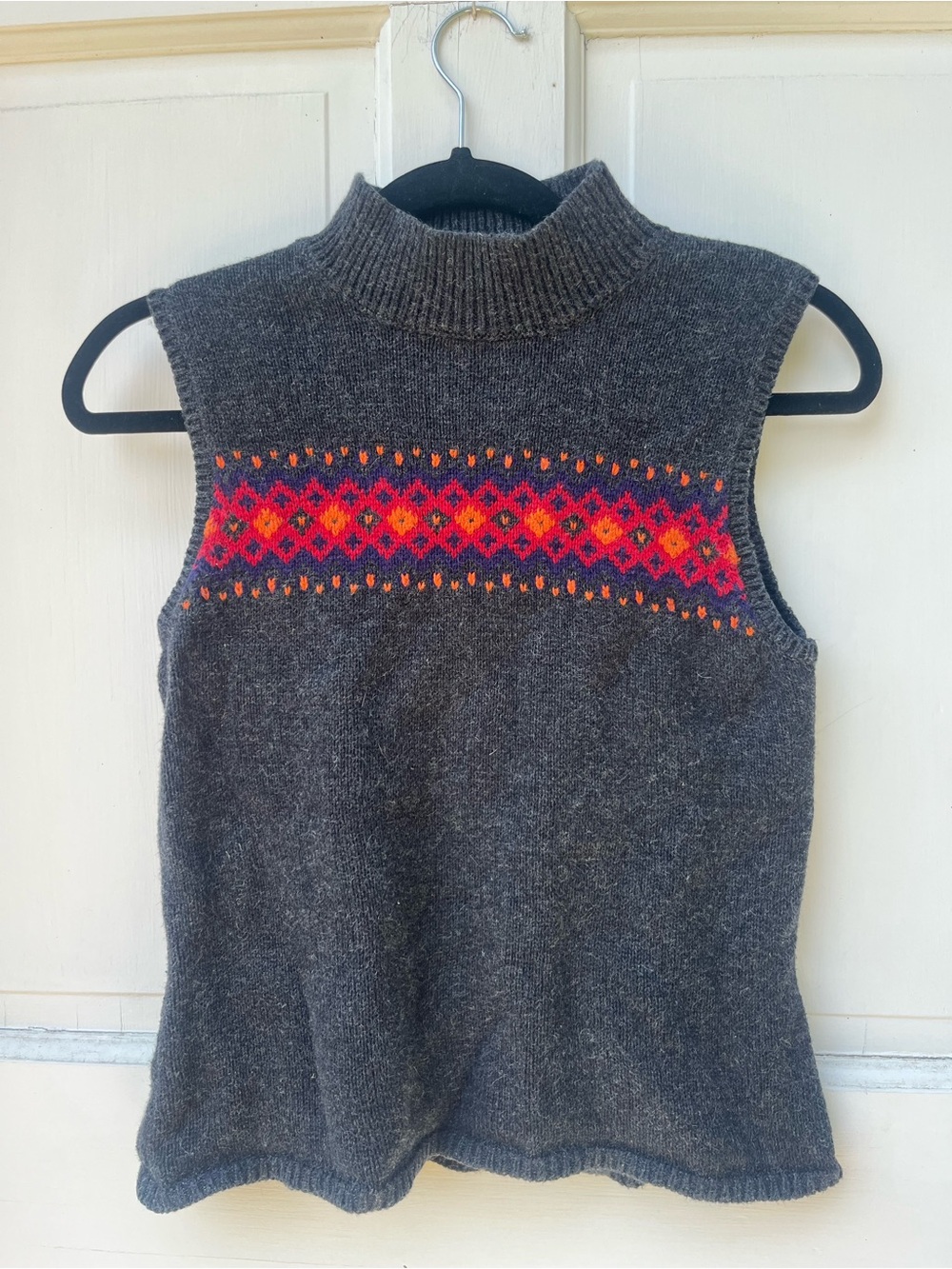 Sleeveless Mock Neck Fair Isle Sweater Vest - Charcoal with Pink Accent